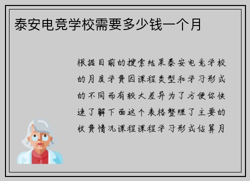 泰安电竞学校需要多少钱一个月